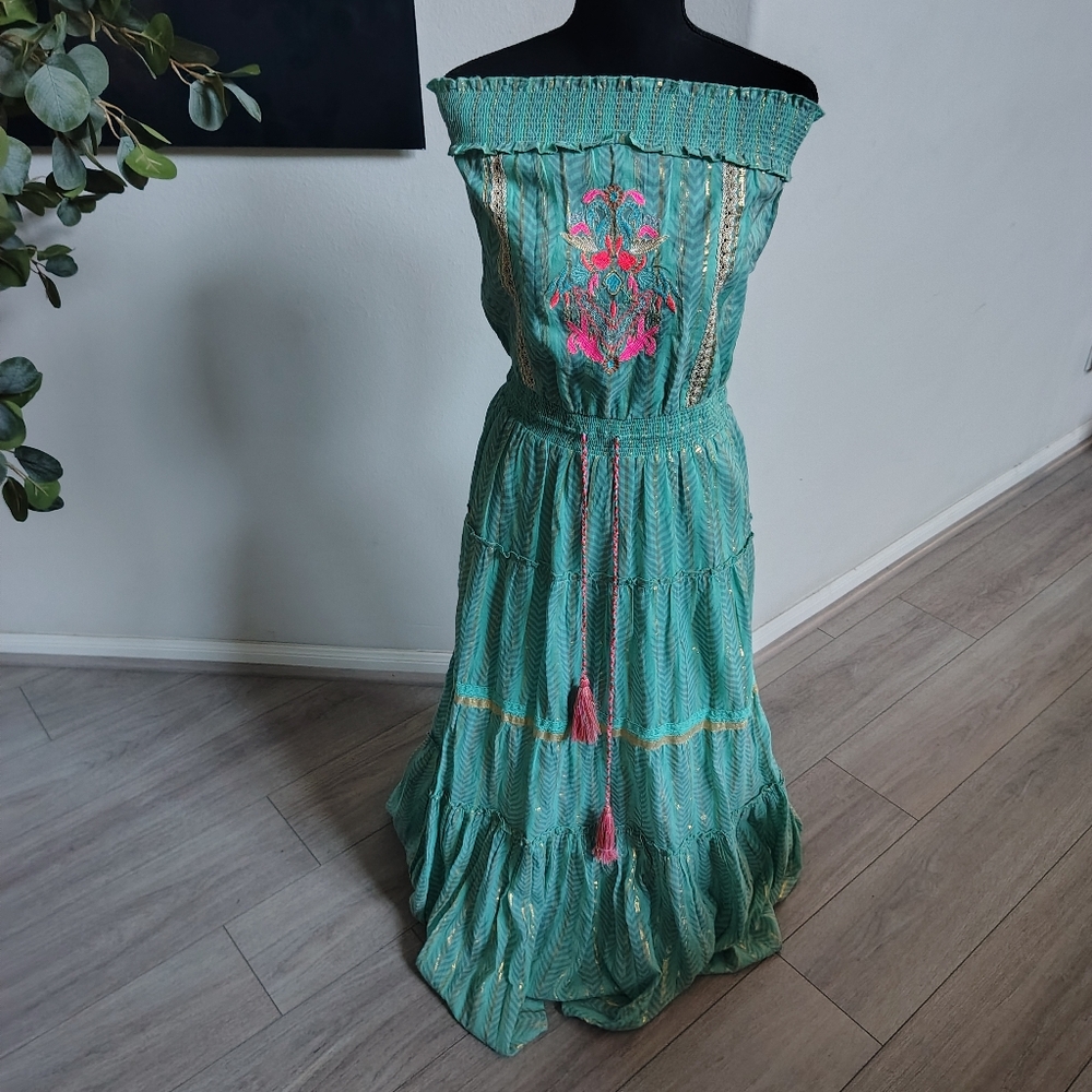 VENUS Off-Shoulder Maxi Dress in Teal with Pink Embroidery
